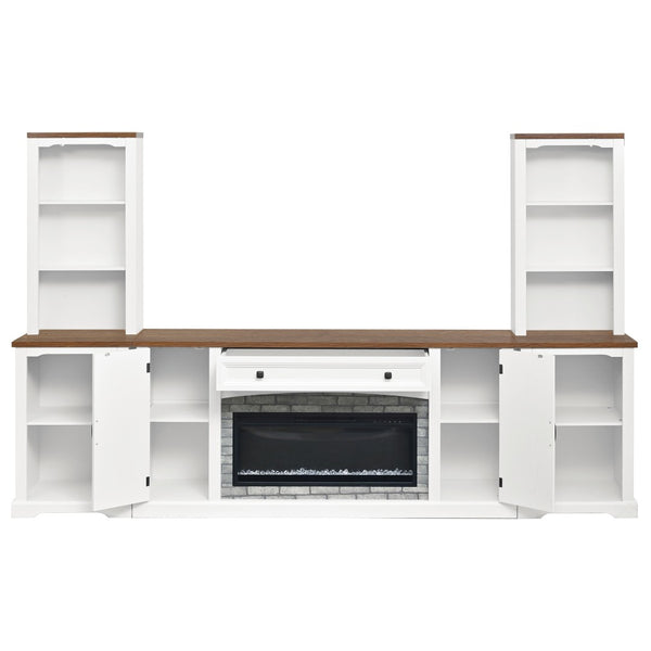 English Elm 3-piece Farmhouse Entertainment Center with Curved Cabinets Walnut Mdf Modular Living Room White N721S000072K