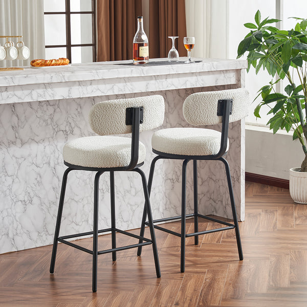 English Elm Modern Bouclé Swivel Bar Stools Set of 2 — Counter Height Fabric Seats with Metal Frame & Footrest, 360° Comfort White W1901P264272