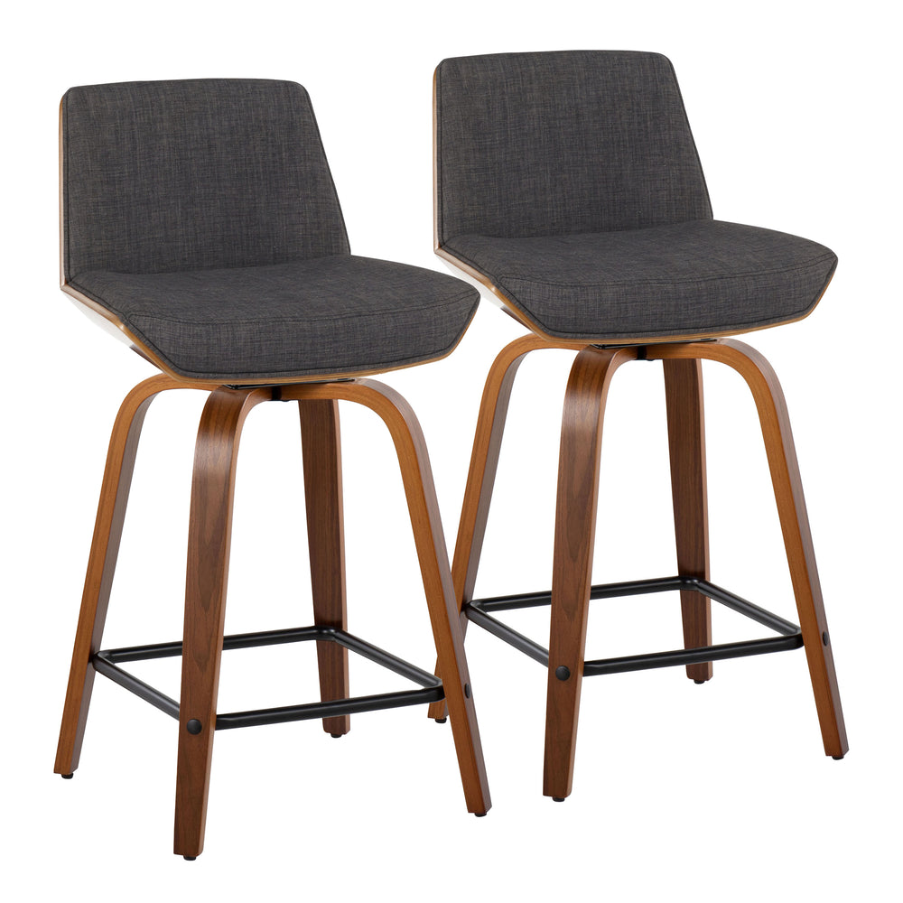 English Elm Corazza 24" Mid-Century Counter Stool Set of 2 — Walnut Wood Legs, Charcoal Fabric, 360° Swivel Comfort B202S00034