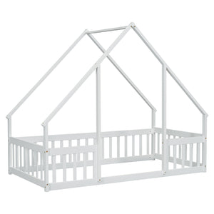 English Elm Twin Wood House-Shaped Floor Bed with Fence and Guardrails – Playful Pine Frame for Imaginative Kids Retreat White W504P143290