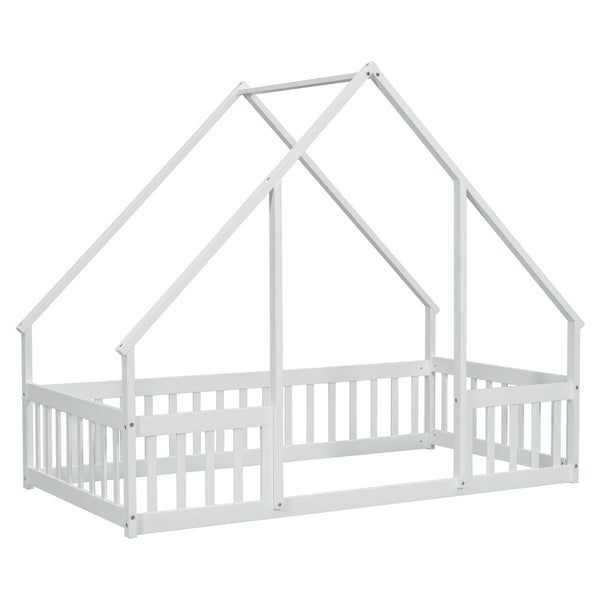 English Elm Twin Wood House-Shaped Floor Bed with Fence and Guardrails – Playful Pine Frame for Imaginative Kids Retreat White W504P143290