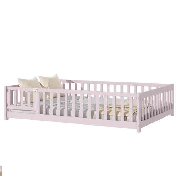 English Elm Twin Solid Rubberwood Floor Bed with Full Perimeter Safety Rails for Toddler Rooms Pink W504P296791