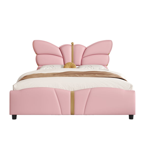 English Elm Christopher Knight Home® - Full Upholstered PU Leather Bed Frame with Butterfly Headboard, Gold Accents, Solid Wood Platform Light Pink 78.25 L x 10 W x 3.25 H N761S0000018H