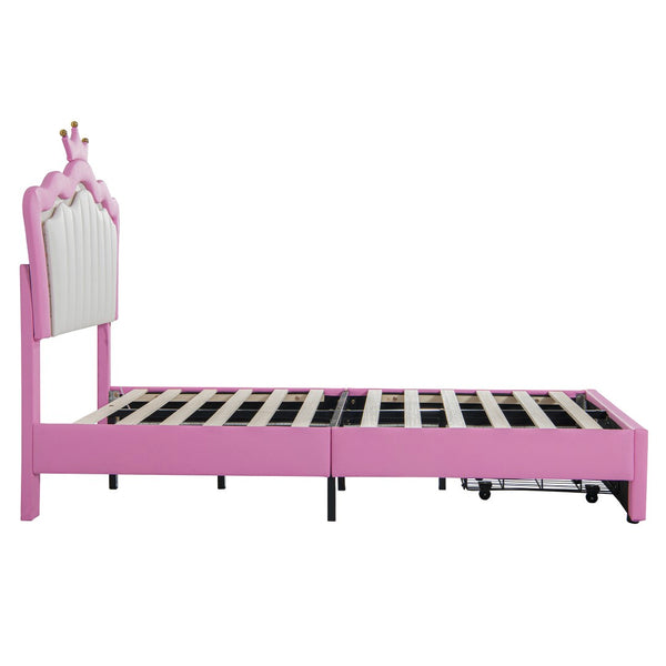 English Elm Twin Upholstered Bed Frame With Led Lights & Crown Headboard - Pink And White, Stylish Storage Solution W2770P190376-GIGA