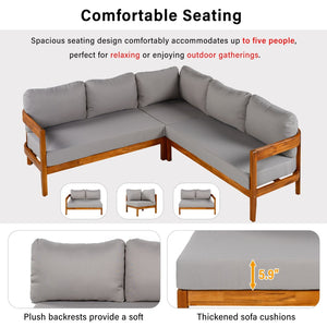 English Elm U_style Acacia Wood Outdoor L Shaped Corner Sofa Set with Arc Frame and Cushions Grey WY000481AAE