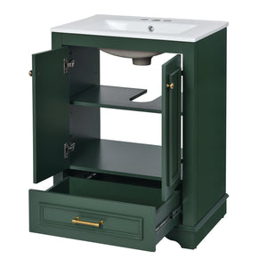 English Elm 24'' Bathroom Vanity with Ceramic Sink Combo Modern Freestanding MDF Cabinet with Soft-Close Doors and Sleek Silver Handles for Spacious Organized Bathroom Storage Green N710P194893F