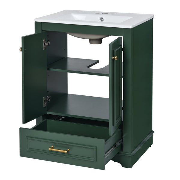 English Elm 24'' Bathroom Vanity with Ceramic Sink Combo Modern Freestanding MDF Cabinet with Soft-Close Doors and Sleek Silver Handles for Spacious Organized Bathroom Storage Green N710P194893F
