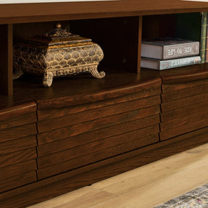 English Elm 63" Mid-Century Modern TV Stand for TVs up to 75" - Walnut Louver Media Console with Solid Wood Drawers, Outlet Holes, Spacious Storage and Durable P2 MDF Finish W1801P288509