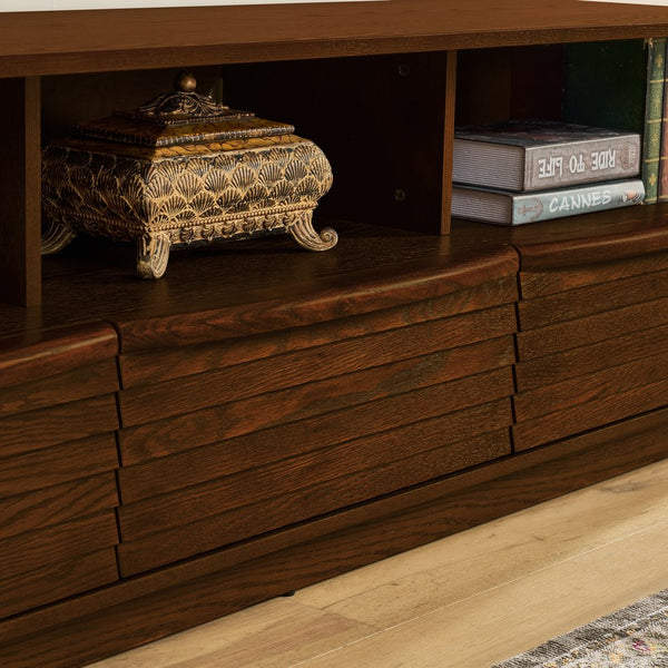 English Elm 63" Mid-Century Modern TV Stand for TVs up to 75" - Walnut Louver Media Console with Solid Wood Drawers, Outlet Holes, Spacious Storage and Durable P2 MDF Finish W1801P288509