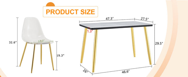 English Elm Table and Chair Set Marble Glass Top Gold Legs Four Seat Dining for Small Spaces Black,Transparent,White+Gold W1151S04654