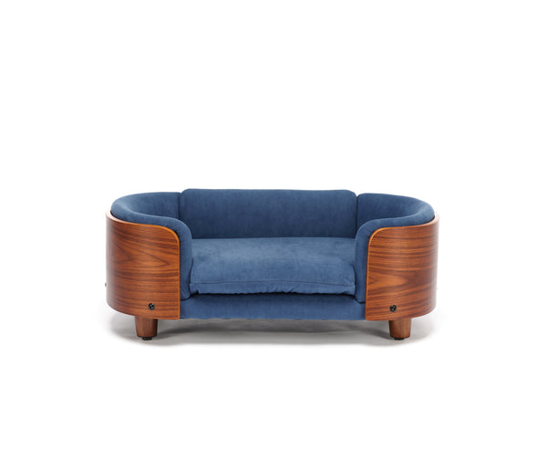 English Elm Scandinavian Elevated Pet Sofa Bed with Walnut Bent Wood Back, Velvet Stain-Resistant Fabric, Cozy Rest Dark Blue W794125923
