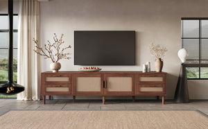 English Elm 78 Inch Rattan Media Console with Pine Legs Four Drawers Modern Living Room Tv Stand N710P365048P