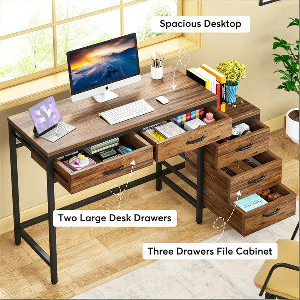 English Elm Industrial Writing Desk with File Cabinet Five Drawers Rustic Brown Home Office T3971P449902
