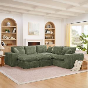 English Elm 107'' Boucle Modular Sectional with Reversible Chaise and Two Ottomans for Living Room Green W1413S00166