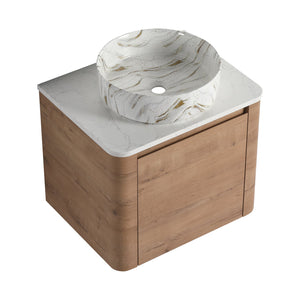 English Elm 24'' Wall-Mounted Bathroom Vanity With Ceramic Vessel Sink, Soft-Close Door & Space-Saving Design W999S00394