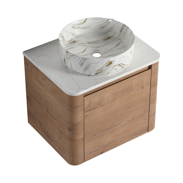 English Elm 24'' Wall-Mounted Bathroom Vanity With Ceramic Vessel Sink, Soft-Close Door & Space-Saving Design W999S00394