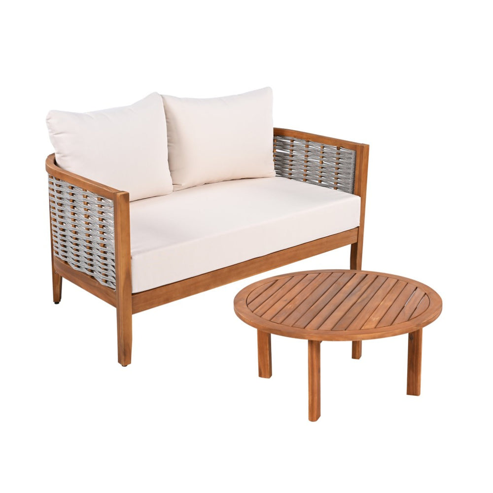 English Elm 2 Piece Acacia Wood Outdoor Loveseat Set Woven Rope Tub Design Teak Patio N780P245860G
