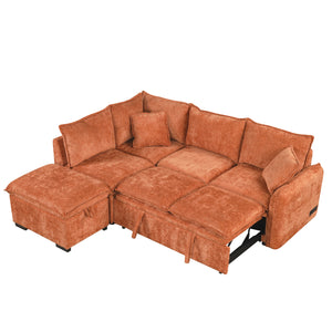 English Elm 82.67"Convertible Sofa Bed Sectional with Storage Ottoman, Power Sockets & USB Ports, Chenille Comfort Orange SG001450AAG