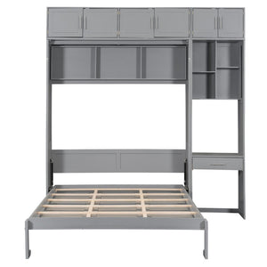 English Elm Queen Murphy Bed with Integrated Desk Cabinet Shelves Space Saving Studio Solution Gray N708S00021E-1
