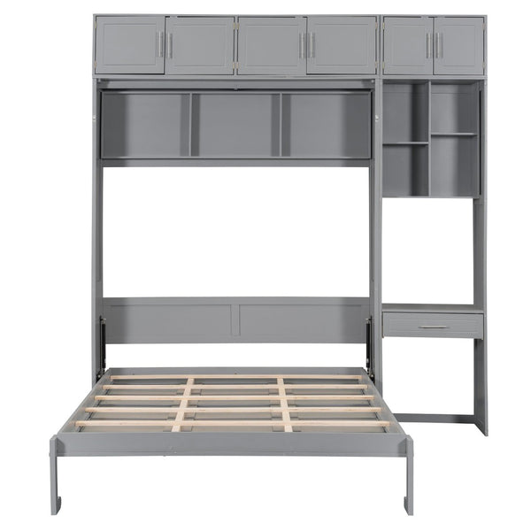 English Elm Queen Murphy Bed with Integrated Desk Cabinet Shelves Space Saving Studio Solution Gray N708S00021E-1