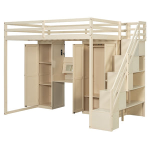 English Elm Full Size Loft Bed with Wardrobe Dressing Mirror Usb Ports and Teen Room Storage LT000276AAA