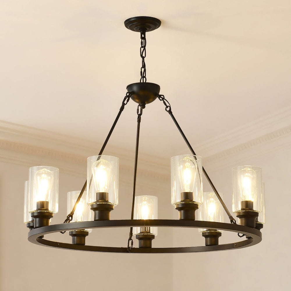 English Elm 9-light Matte Black Wagon Wheel Chandelier Seeded Glass Farmhouse Dining Room W5008P390906