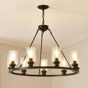 English Elm 9-light Matte Black Wagon Wheel Chandelier Seeded Glass Farmhouse Dining Room W5008P390906