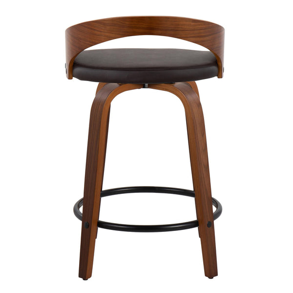 English Elm Grotto 24" Contemporary Counter Stool Set of 2 – Swivel Faux Leather Seat, Bent Wood Legs & Footrest Brown B202S00071