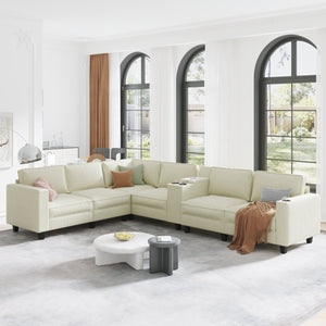 English Elm L-Shaped 6-Seater Corduroy Sofa With Storage, Usb Charging & Flexible Configuration For Comfort W680S00055