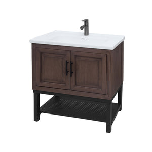 English Elm 32" Modern Bathroom Vanity with White Ceramic Seamless Sink, Textured Aluminum Faucet, Durable Hinges and Open Iron Shelf for Stylish Storage Walnut W688P224395