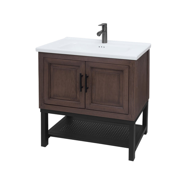 English Elm 32" Modern Bathroom Vanity with White Ceramic Seamless Sink, Textured Aluminum Faucet, Durable Hinges and Open Iron Shelf for Stylish Storage Walnut W688P224395