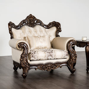 English Elm Traditional Carved Tufted Accent Chair with Rolled Arms, Nailhead Trim and Elegant Upholstery Beige,Cherry 52 L x 43 W x 27 H B2741P380807