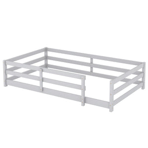 English Elm Twin Pine Montessori Floor Bed with Safety Fence — Grey Low-Profile Kids Twin Frame, 77"x38.9" Interior W1820P369890