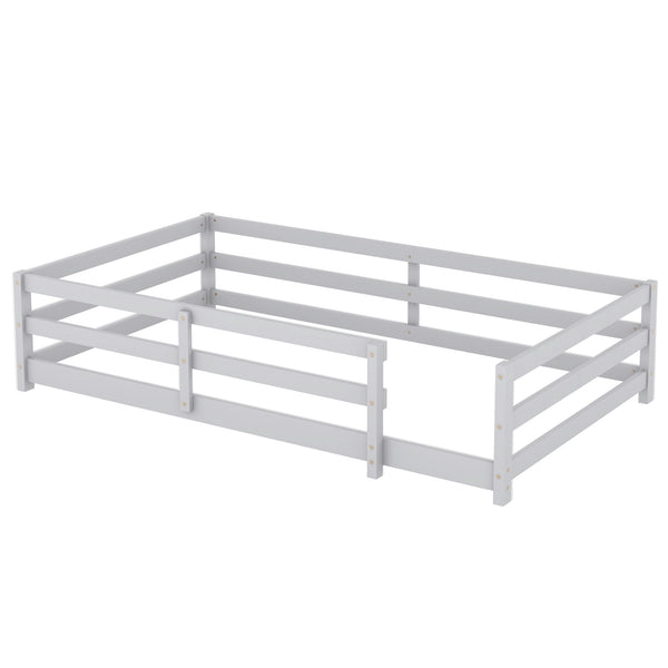 English Elm Twin Pine Montessori Floor Bed with Safety Fence — Grey Low-Profile Kids Twin Frame, 77"x38.9" Interior W1820P369890