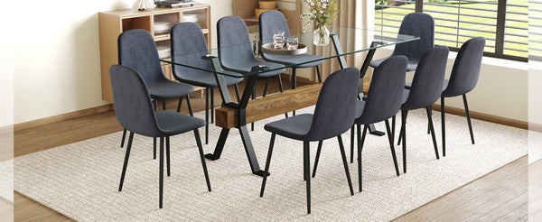 English Elm Table Set With 10 Dark Gray Linen Chairs, Modern Tempered Glass Top & Stylish X-Shaped Metal Legs W1151S03603-GIGA