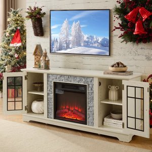 English Elm 58" Modern TV Stand with 18" Electric Fireplace, Faux Stone Mantel, Ample Storage & Cable Management for Living Room Comfort and Style White W2275S00025