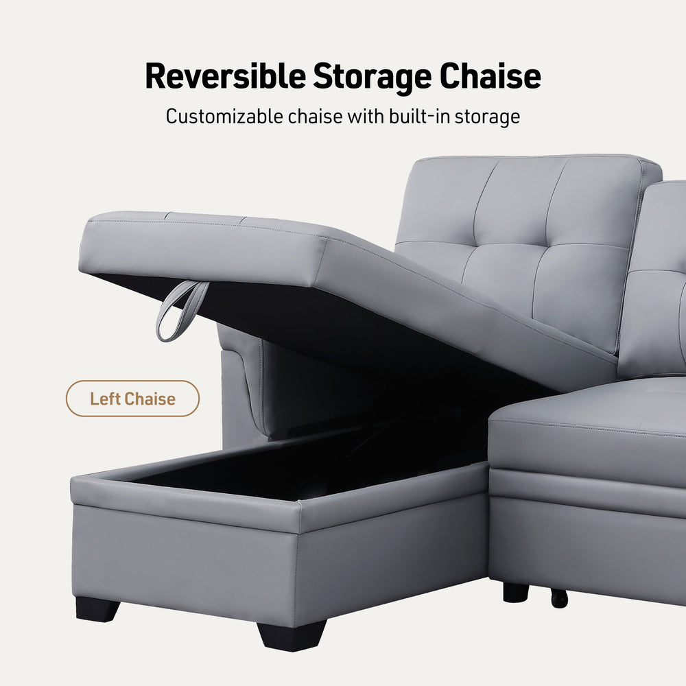 English Elm Lucca 84" Gray Vegan Leather Reversible Sleeper Sectional with Storage Chaise, Pull-Out Bed Comfort B061S00675