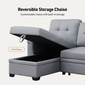 English Elm Lucca 84" Gray Vegan Leather Reversible Sleeper Sectional with Storage Chaise, Pull-Out Bed Comfort B061S00675