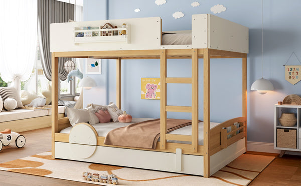 English Elm Queen Bunk Bed with Trundle Solid Pine Kids Car Themed Frame Built-in Bookshelf Natural+Beige W1580S00449