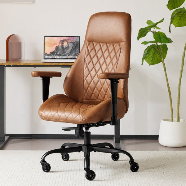 English Elm Leather Executive Desk Chair with Lumbar Support Flip Armrests and Swivel Base T5339P435829