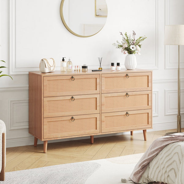 English Elm Rattan 6-Drawer Double Dresser with Handwoven PE Rattan Fronts, Wood Top, Copper Pulls, Spacious Storage Natural T3623P411337