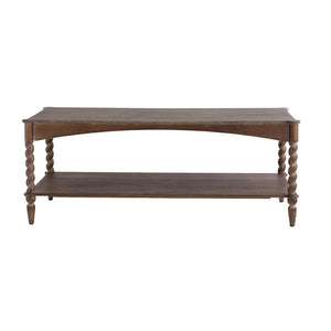 English Elm 47x22x18.5" Rustic Wood Coffee Table with Spiral Turned Legs and Open Storage Shelf W2078P460492