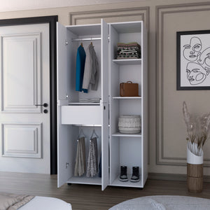 English Elm Bethel White Armoire Closet with Drawer, Dual Hanging Rods, Four Cabinets & Open Display Storage B128S00127