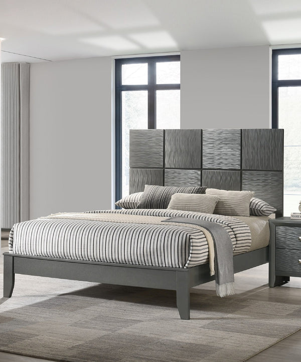 English Elm 1Pc King Size Bed With Sculpted Geometric Headboard - Modern Gray Gunmetal Finish For Stylish Interiors B2741S00284
