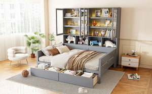 English Elm Full Size Wooden Daybed With Stylish Led Lighting, Glass Storage Cabinets & Versatile Shelves In Gray N820S00051E