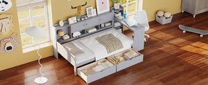 English Elm Twin L-Shape Daybed with Storage, 3 Cabinets & 2 Drawers, Built-In Desk Bookshelf, Gray Twin N733S247070E