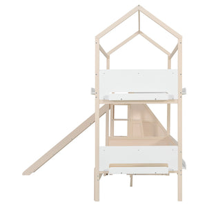 English Elm House-shaped Pine Bunk Bed with Built-in Slide Storage Staircase Twin Over Full Kids Frame Beige+White N820S00082A
