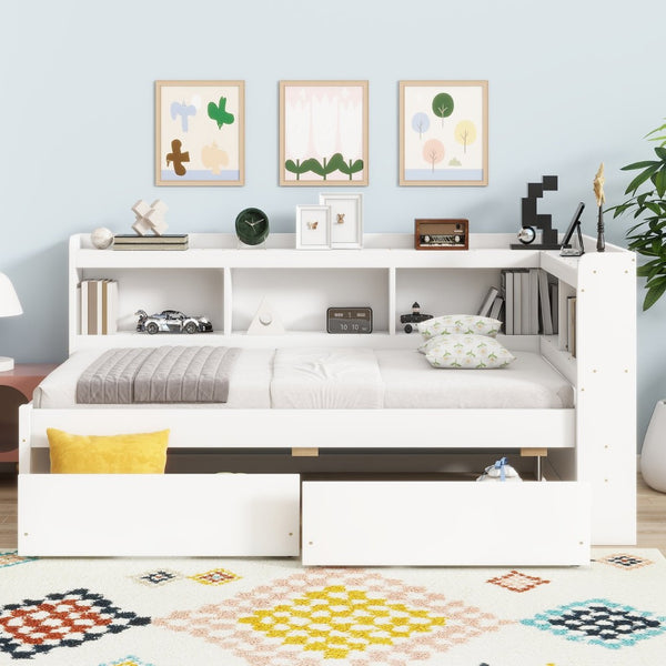 English Elm Twin L-Shaped Bookcase Bed With Usb Charging, Two Drawers & Modern White Finish For Smart Storage W504S00244-GIGA