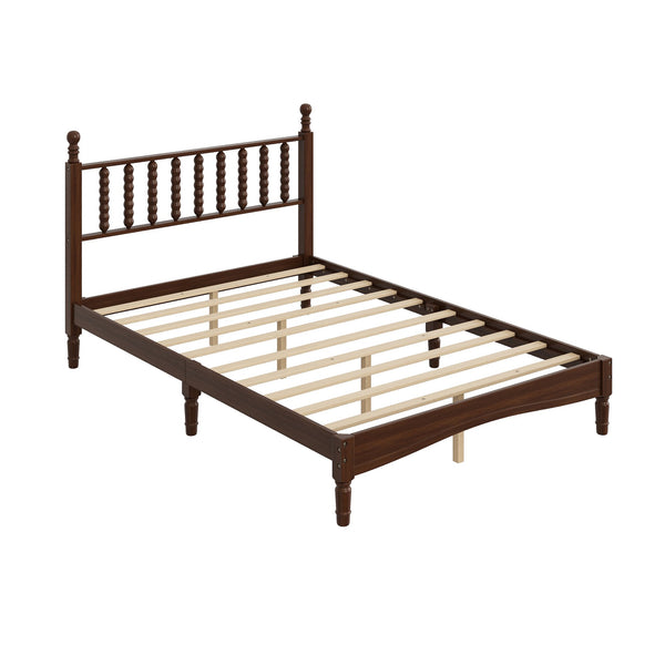 English Elm Full Full Size Wood Platform Bed with Gourd Headboard, Walnut Retro Charm, Solid Slat Support, 500LB Capacity N733P338317D