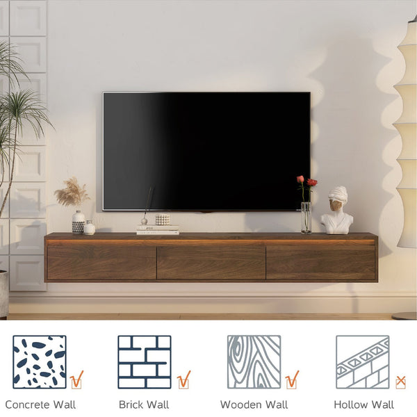 English Elm Floating TV Stand with LED Touch Light, Built-In Power & USB Ports, High-Gloss Wood TV Cabinet, Hidden Cord Management and Ample Storage for Living Room Entertainment W1321P272342